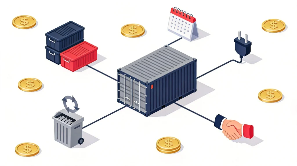 Infographic showing five cost streams from a detained food shipment: port storage, demurrage, reefer electricity, destruction or return freight, and contract penalties