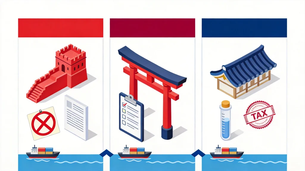 Comparison of primary food import detention causes across China, Japan and Korea: label and registration failures in China, additive positive list violations in Japan, inspection delays and HS classification penalties in Korea