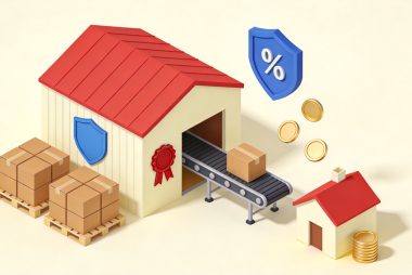 Isometric bonded-warehouse scene with parcels shipping to consumers, representing the 1210 CBEC model and preferential tax.