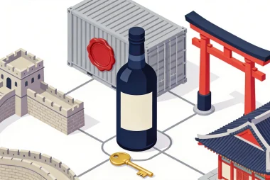 Western spirits bottle surrounded by Great Wall, torii gate, and hanok roof icons with a customs-stamped shipping container, representing alcohol import compliance across China, Japan, and Korea