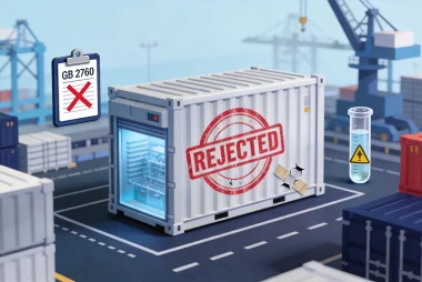 Reefer shipping container with REJECTED customs stamp at an Asian port yard, illustrating food import detention risk in China, Japan and Korea