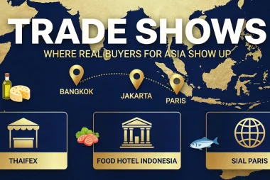 International food trade show exhibition floor with professional buyers