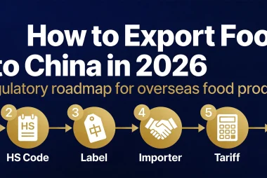 Infographic banner: six-step regulatory roadmap for exporting food to China in 2026, covering GACC registration, HS code, label compliance, importer vetting, tariff verification, and customs declaration