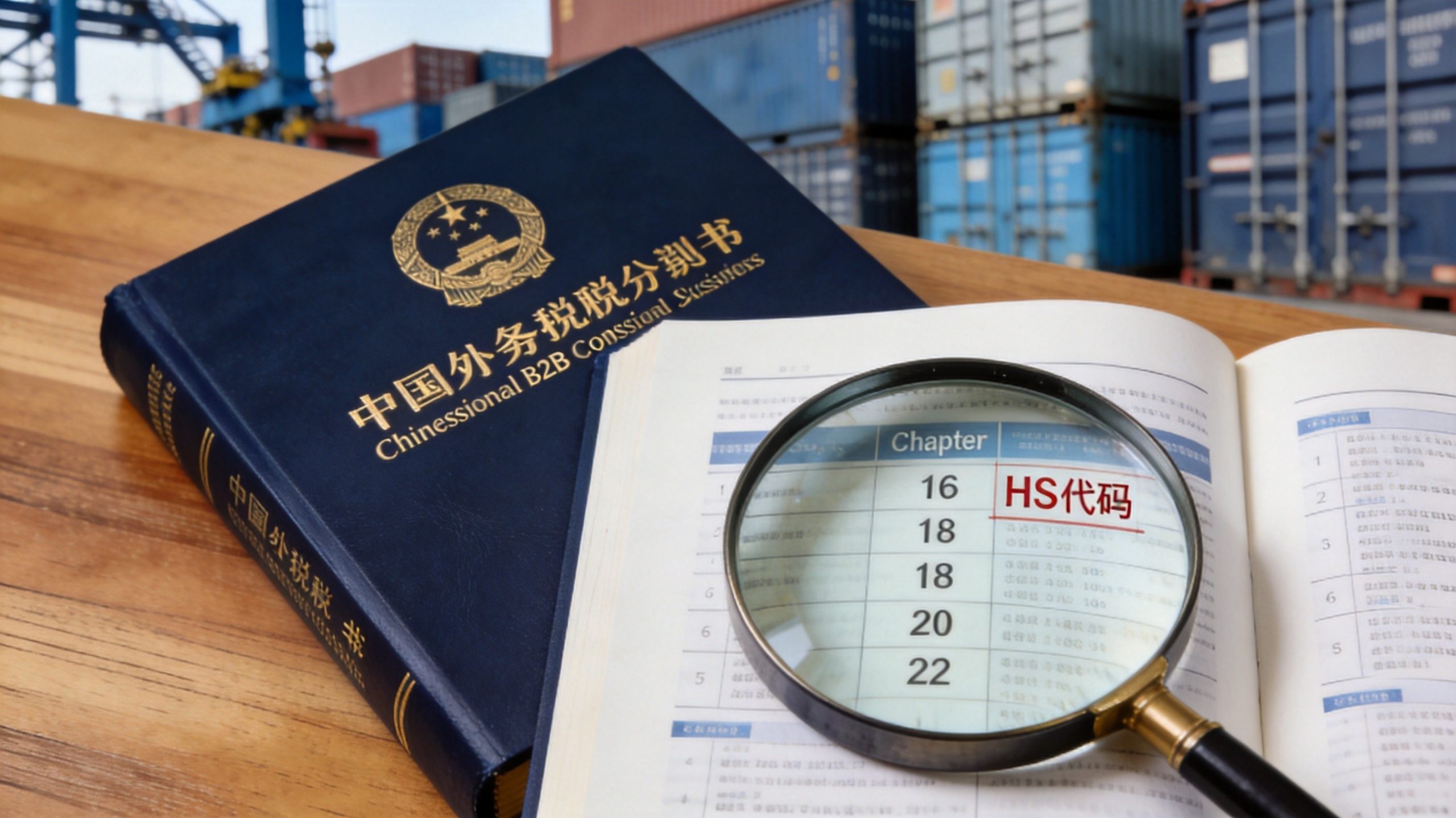 China HS tariff code reference book with magnifying glass on customs classification page