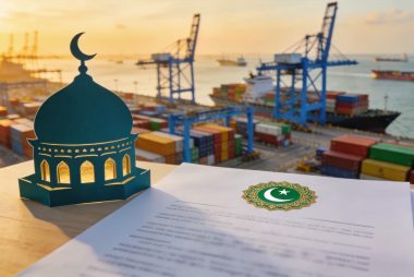 Container port at sunset with halal certification document and mosque silhouette — representing Indonesia halal certification for food importers after October 2026