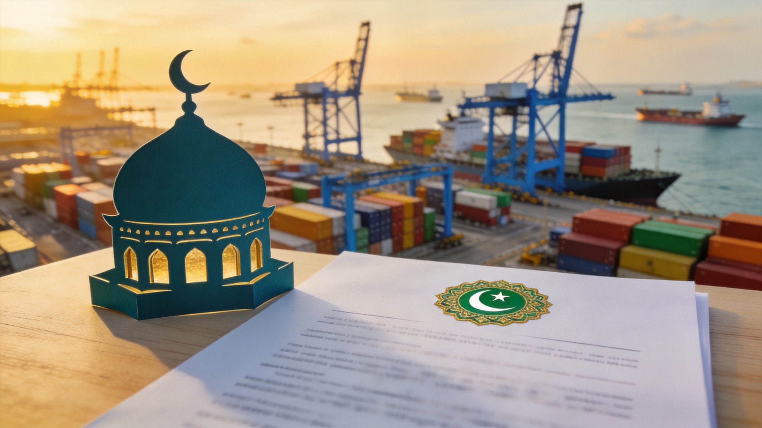 Container port at sunset with halal certification document and mosque silhouette — representing Indonesia halal certification for food importers after October 2026