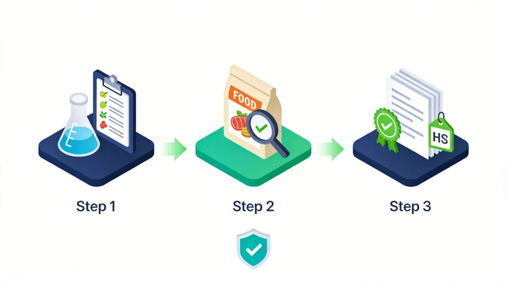 Three-step pre-shipment audit process: formulation and additive screening, label and filing review, documentation and registration verification