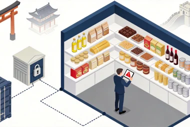 Food exhibition booth with a locked bonded warehouse and shipping container, illustrating trade show food samples logistics risk at Asian shows