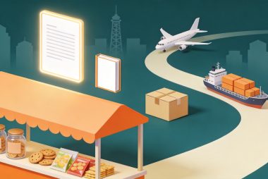 Food samples at an Asian trade show booth with ATA Carnet document, shipping routes connecting to Tokyo Shanghai Seoul and Bangkok
