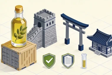 Olive oil bottle between Chinese, Japanese and Korean cultural landmark icons, illustrating Asian market compliance requirements for Mediterranean olive oil exporters