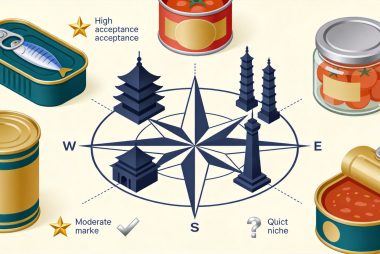 Isometric illustration of European canned food tins and jars arranged around a compass pointing to Asian markets, showing different acceptance levels across Japan, Hong Kong, Korea and China.