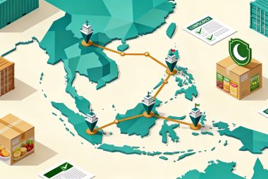 Isometric illustration of Southeast Asian trade routes with food shipping containers and compliance documents, representing the six-country food export compliance roadmap