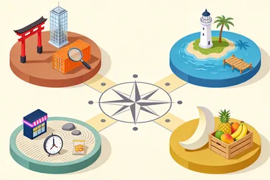 Compass-rose illustration with four paths to Asian market scenes, representing market prioritization for food exporters.